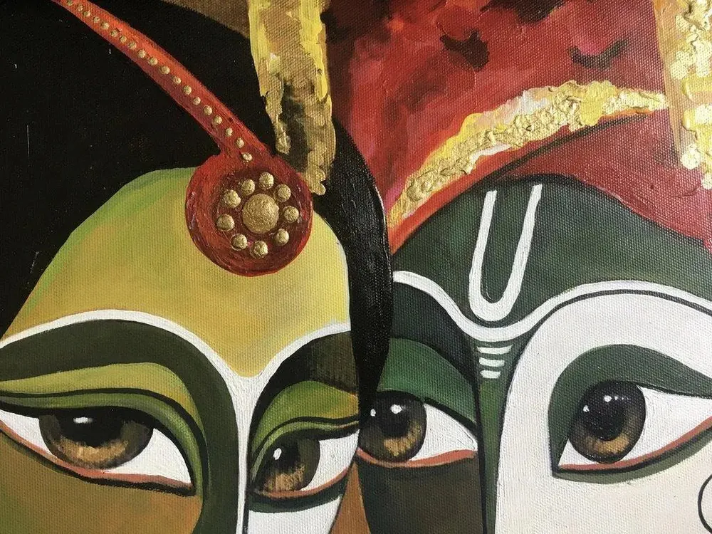 Radha Krishna Handmade Painting on Canvas (Black Frame)