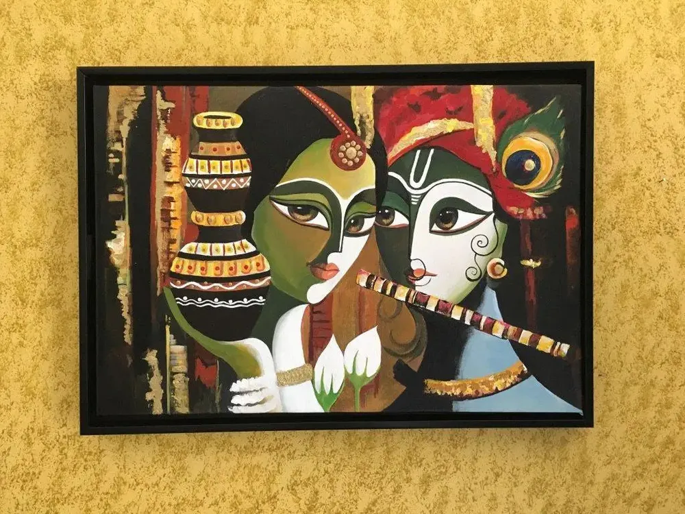 Radha Krishna Handmade Painting on Canvas (Black Frame)