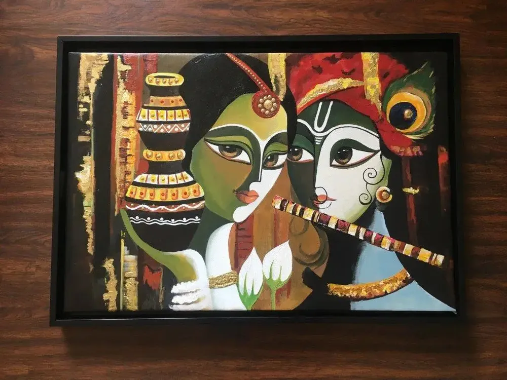 Radha Krishna Handmade Painting on Canvas (Black Frame)