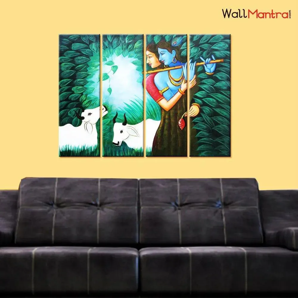 Radha Krishna in Forest 4 Pieces Wall Painting with Wooden Frame