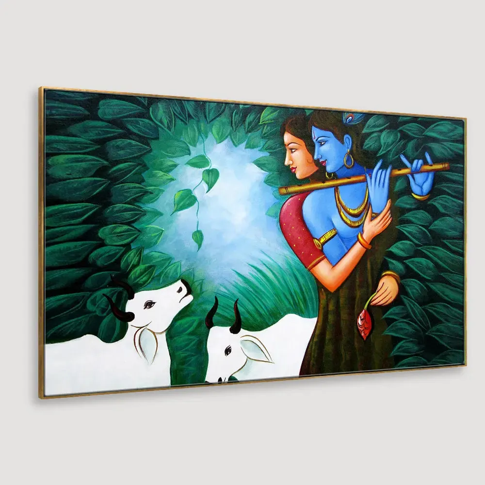 Radha Krishna In Forest Canvas Painting With Frame