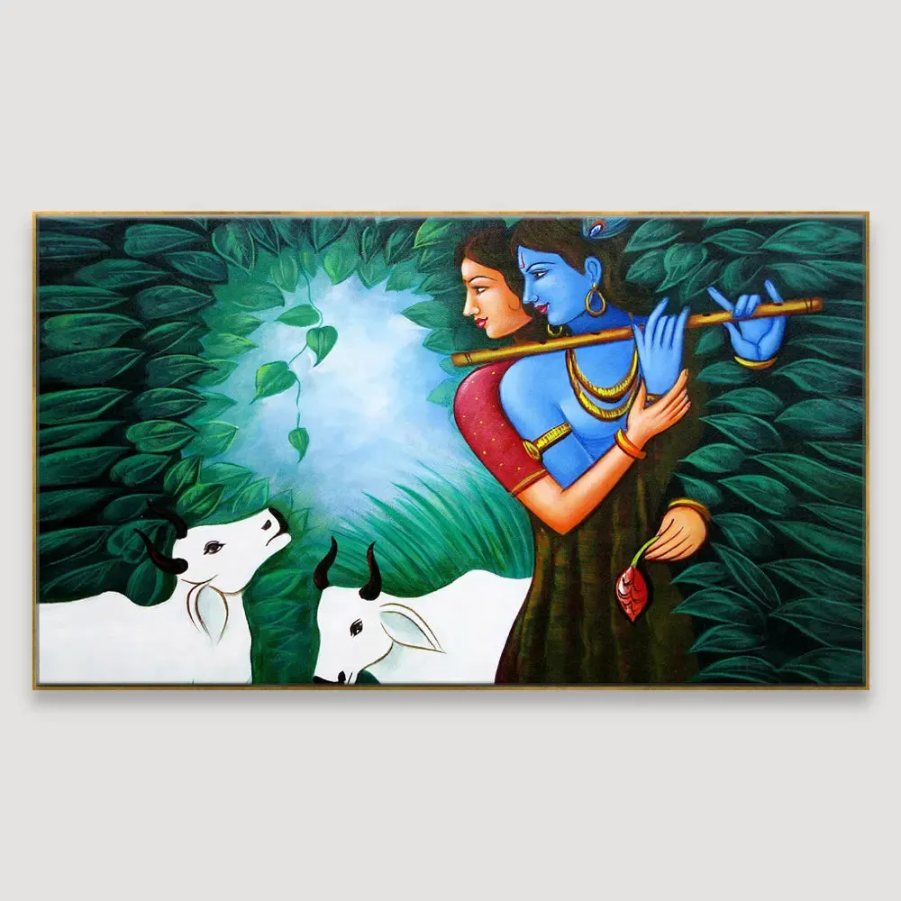 Radha Krishna In Forest Canvas Painting With Frame