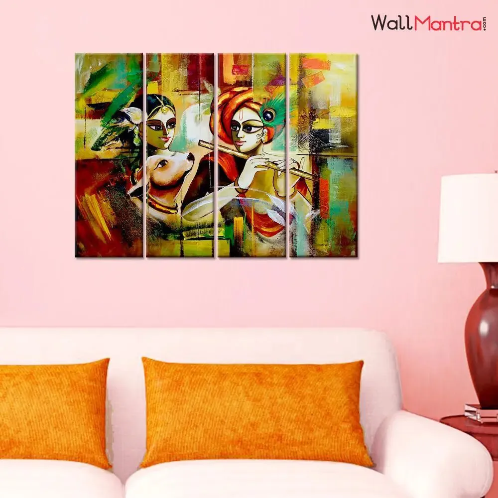 Radha Krishna Mosaic Canvas Art Multicolour Wall Painting Framed on Wood