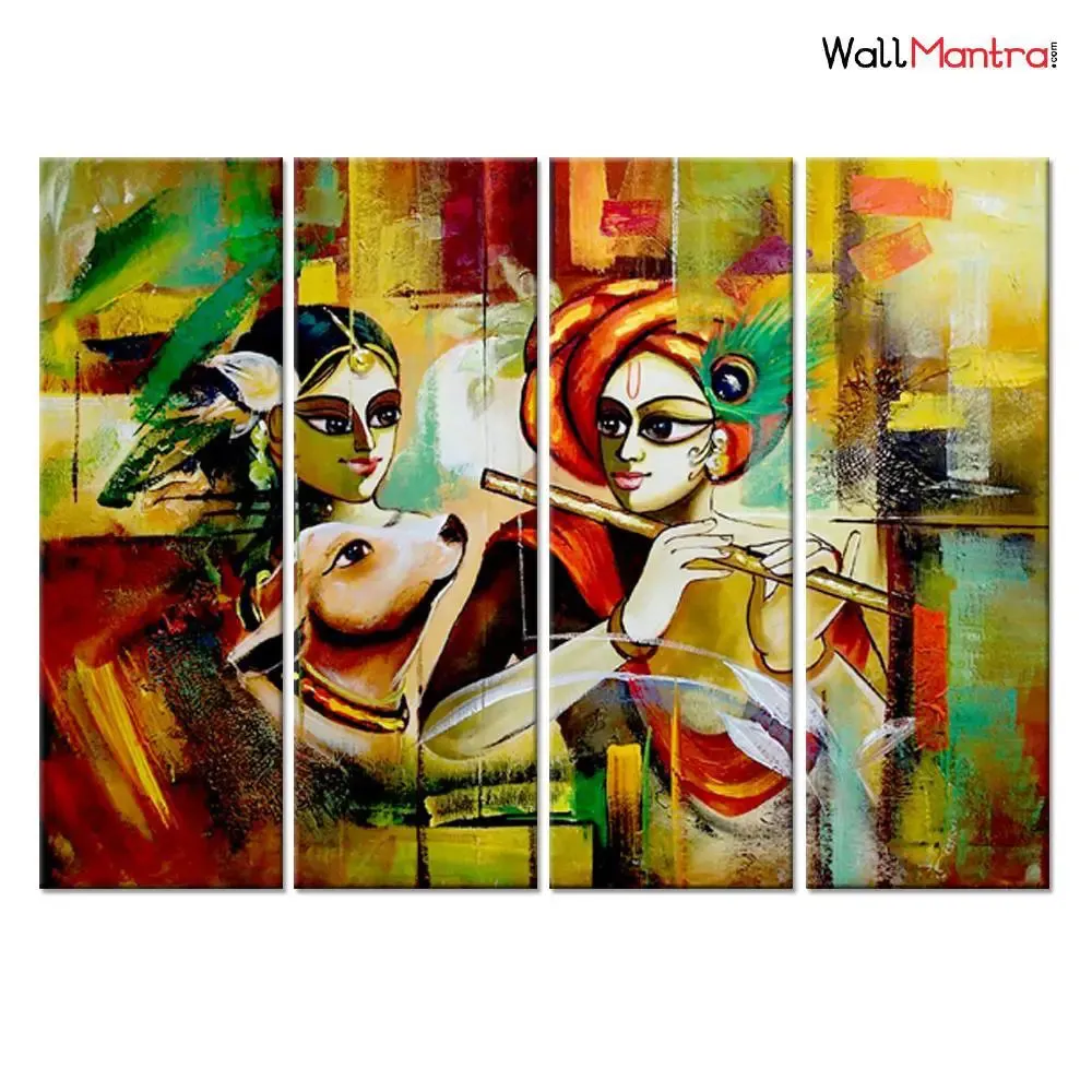 Radha Krishna Mosaic Canvas Art Multicolour Wall Painting Framed on Wood