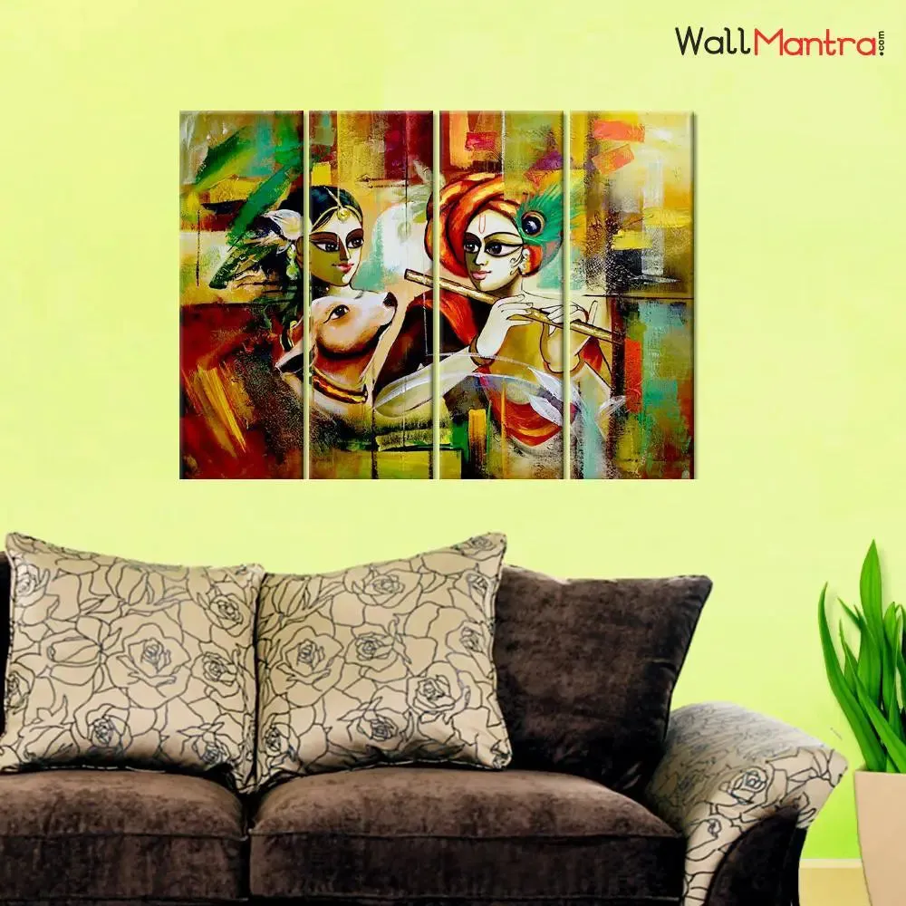 Radha Krishna Mosaic Canvas Art Multicolour Wall Painting Framed on Wood