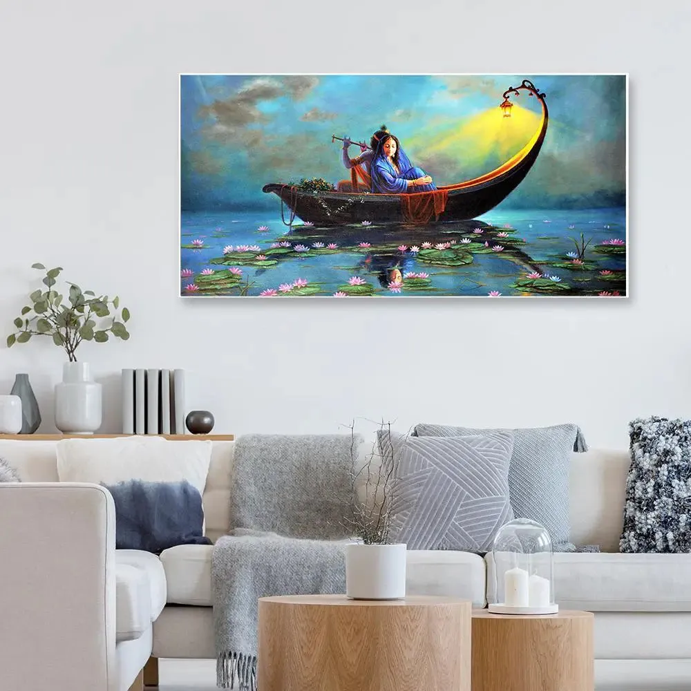 Radha Krishna on a Ferry Romantic Big Panoramic Wall Painting With Frame