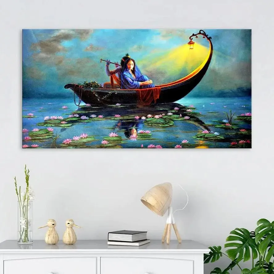Radha Krishna on a Ferry Romantic Big Panoramic Wall Painting With Frame