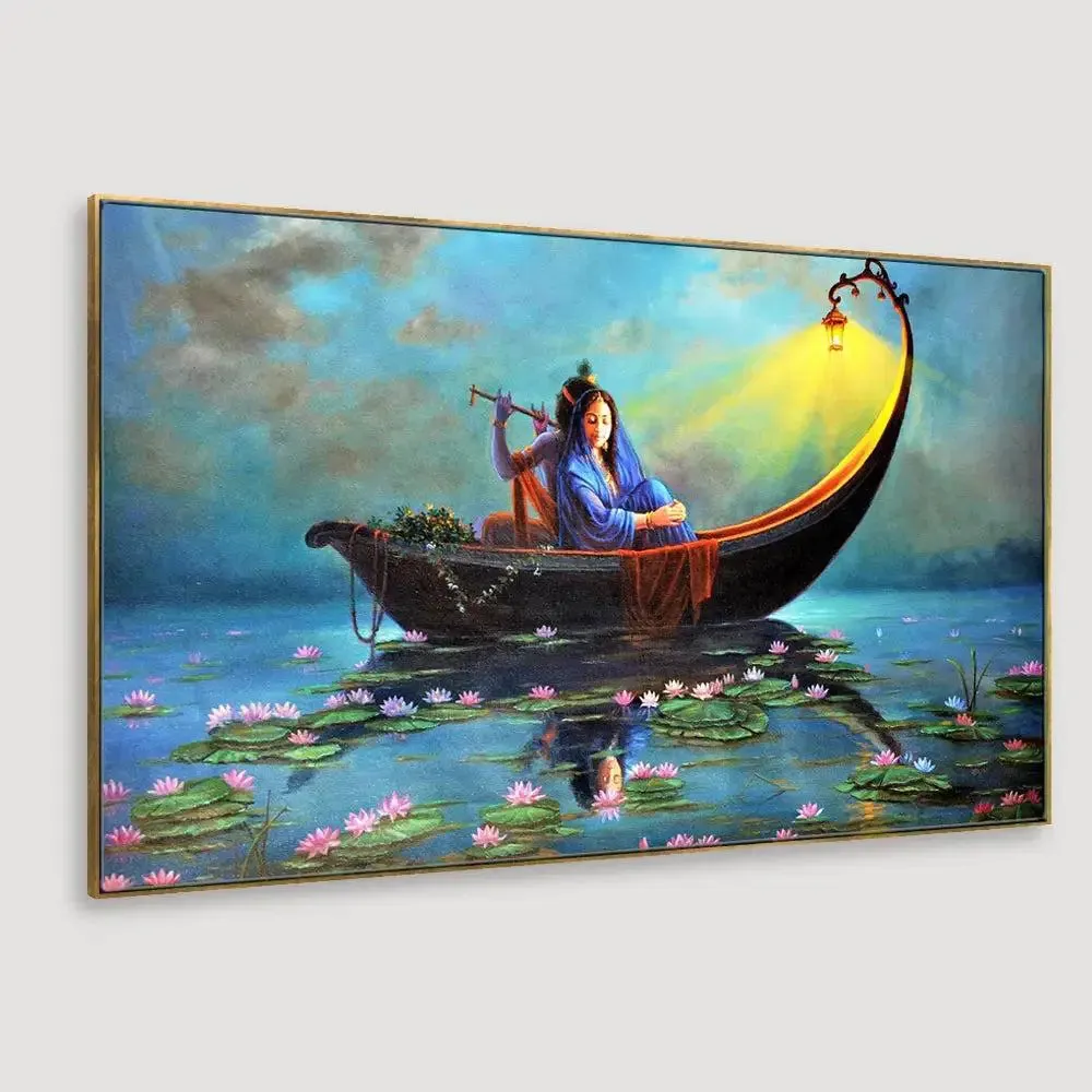 Radha Krishna on a Ferry Romantic Big Panoramic Wall Painting With Frame
