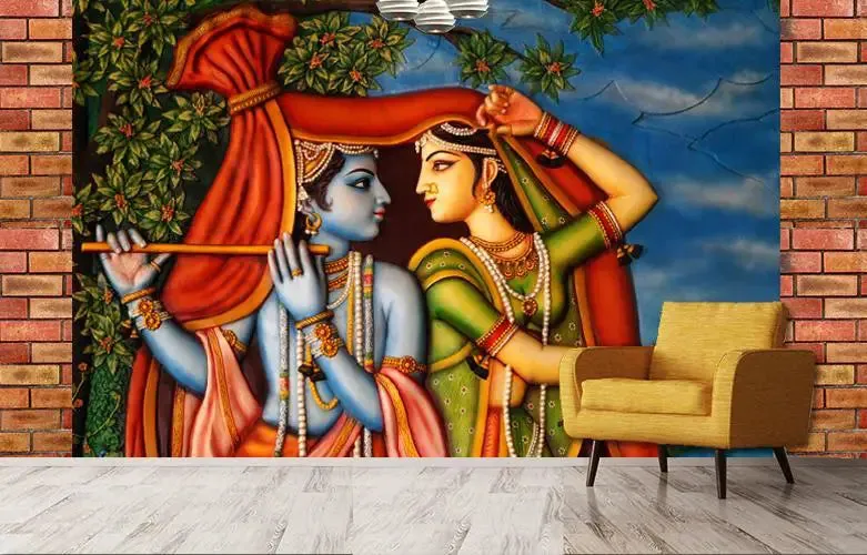 Radha Krishna Scenery Wallpaper / High Quality Woven WallPaper /  size 12 ft x 10 ft