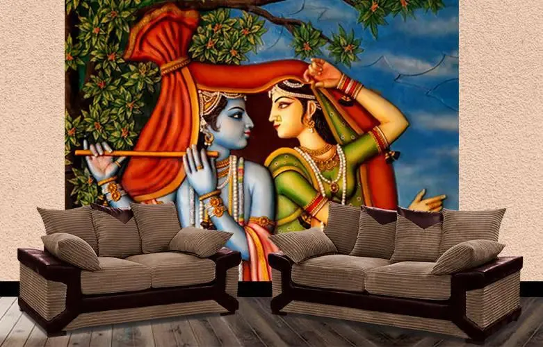 Radha Krishna Scenery Wallpaper / High Quality Woven WallPaper /  size 12 ft x 10 ft