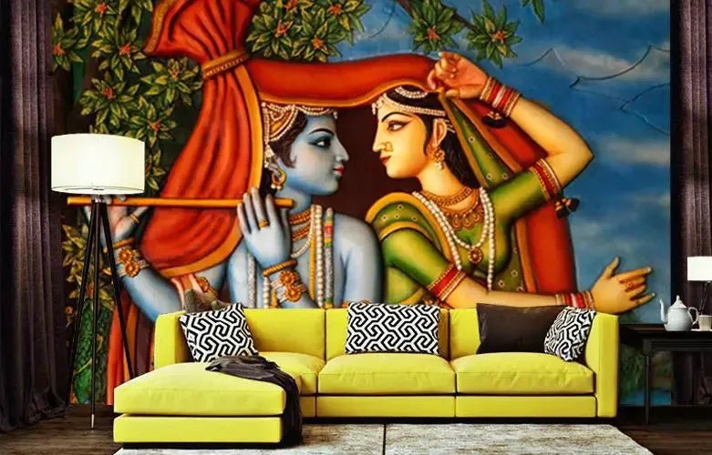 Radha Krishna Scenery Wallpaper / High Quality Woven WallPaper /  size 12 ft x 10 ft