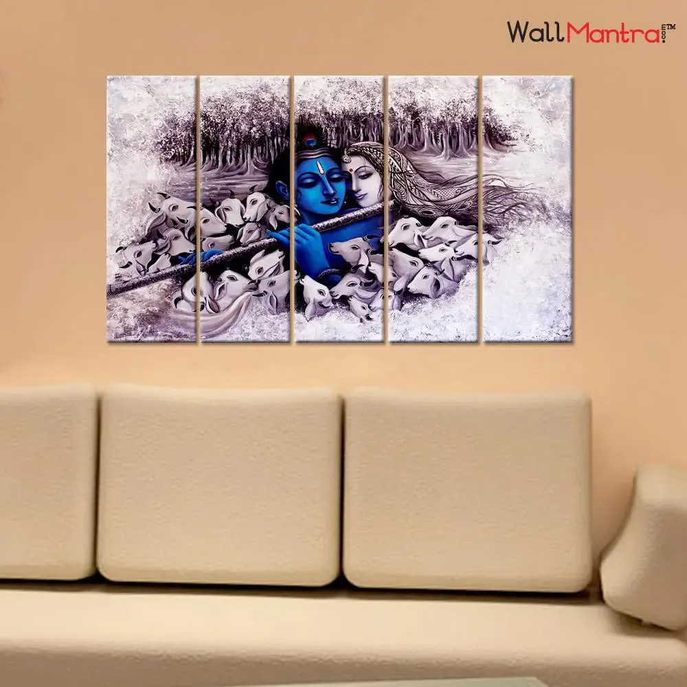 Radha Krishna With Cow Wooden Framed 5 Pieces Canvas Painting