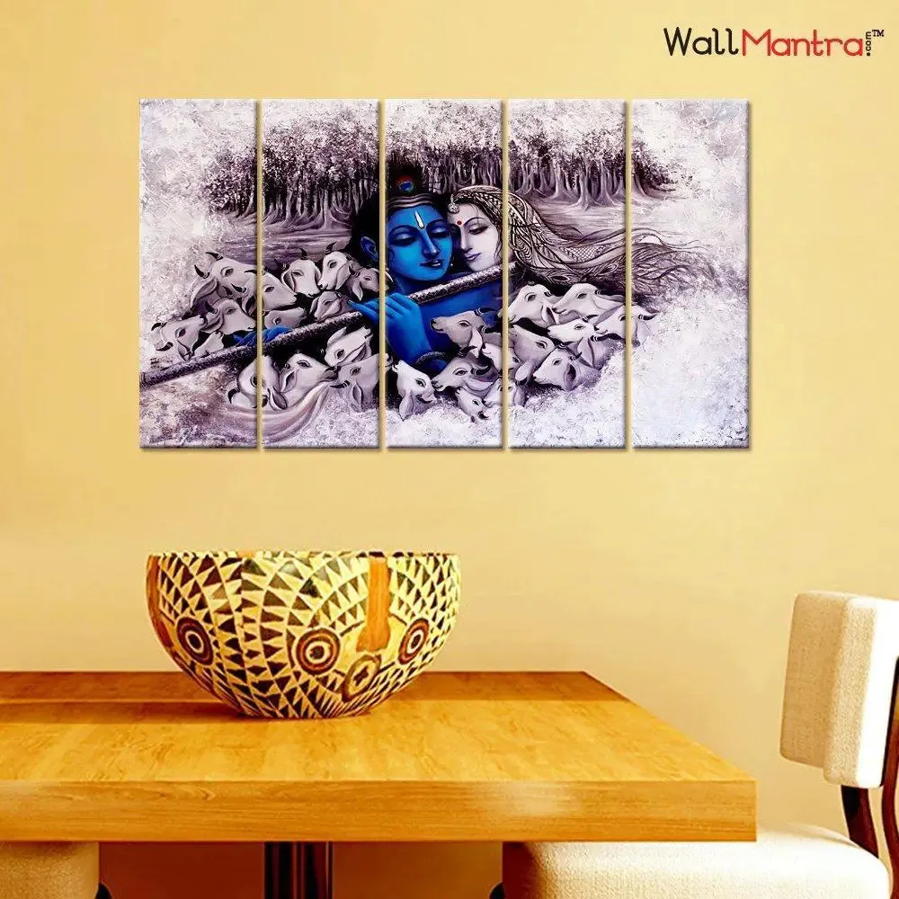 Radha Krishna With Cow Wooden Framed 5 Pieces Canvas Painting