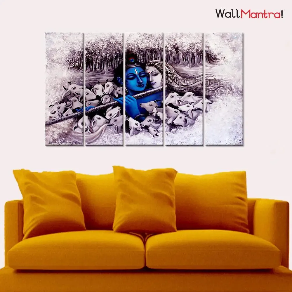 Radha Krishna With Cow Wooden Framed 5 Pieces Canvas Painting