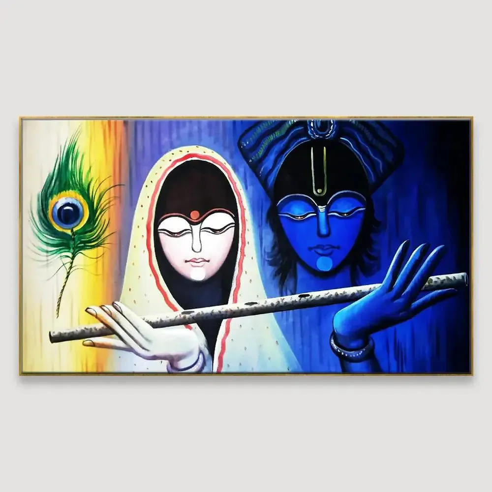 Radha Krishna With Flute Canvas Wall Painting With Frame