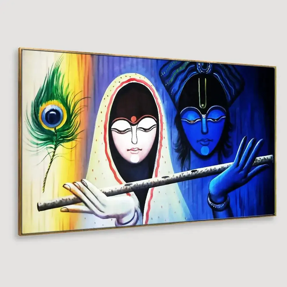 Radha Krishna With Flute Canvas Wall Painting With Frame