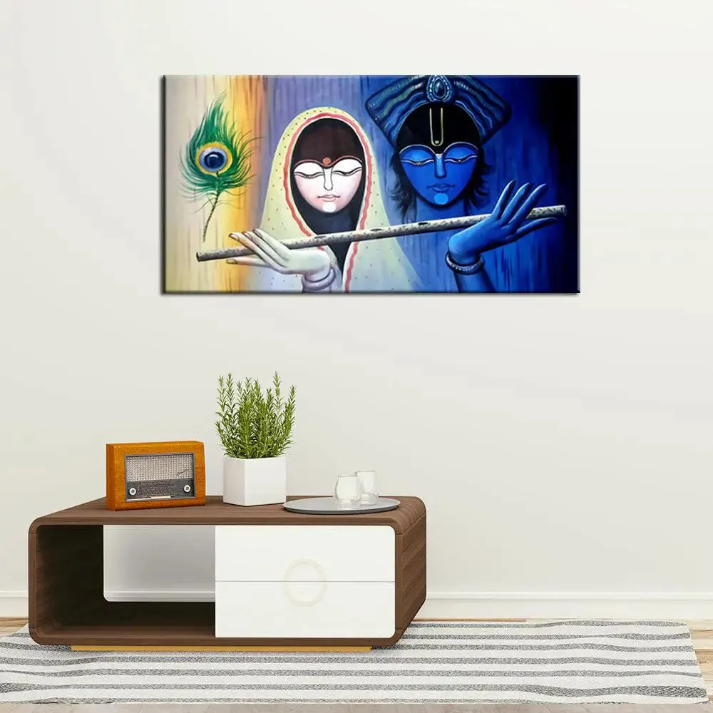 Radha Krishna With Flute Canvas Wall Painting With Frame
