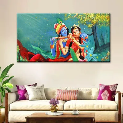 Radha Krishna With Flute in Garden Canvas Printed Painting