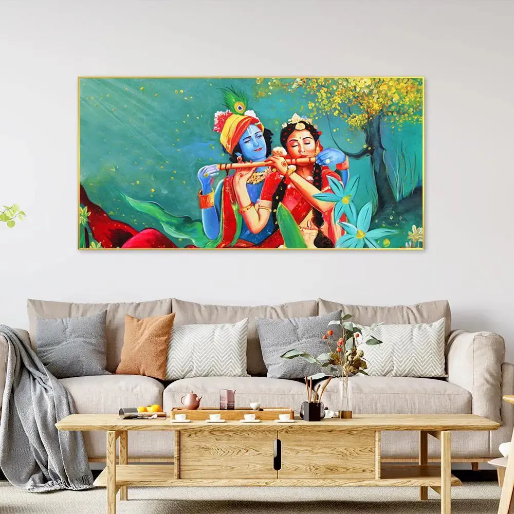 Radha Krishna With Flute in Garden Canvas Printed Painting With Frame