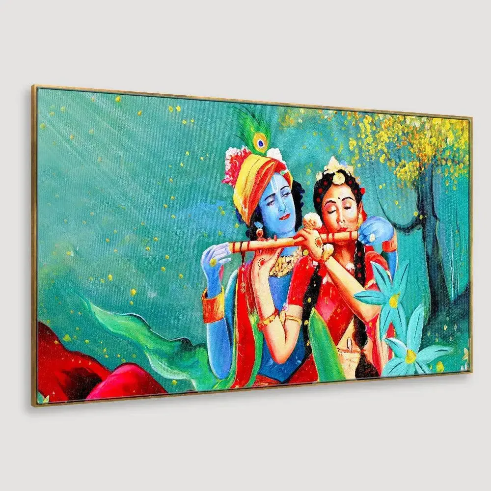 Radha Krishna With Flute in Garden Canvas Printed Painting With Frame