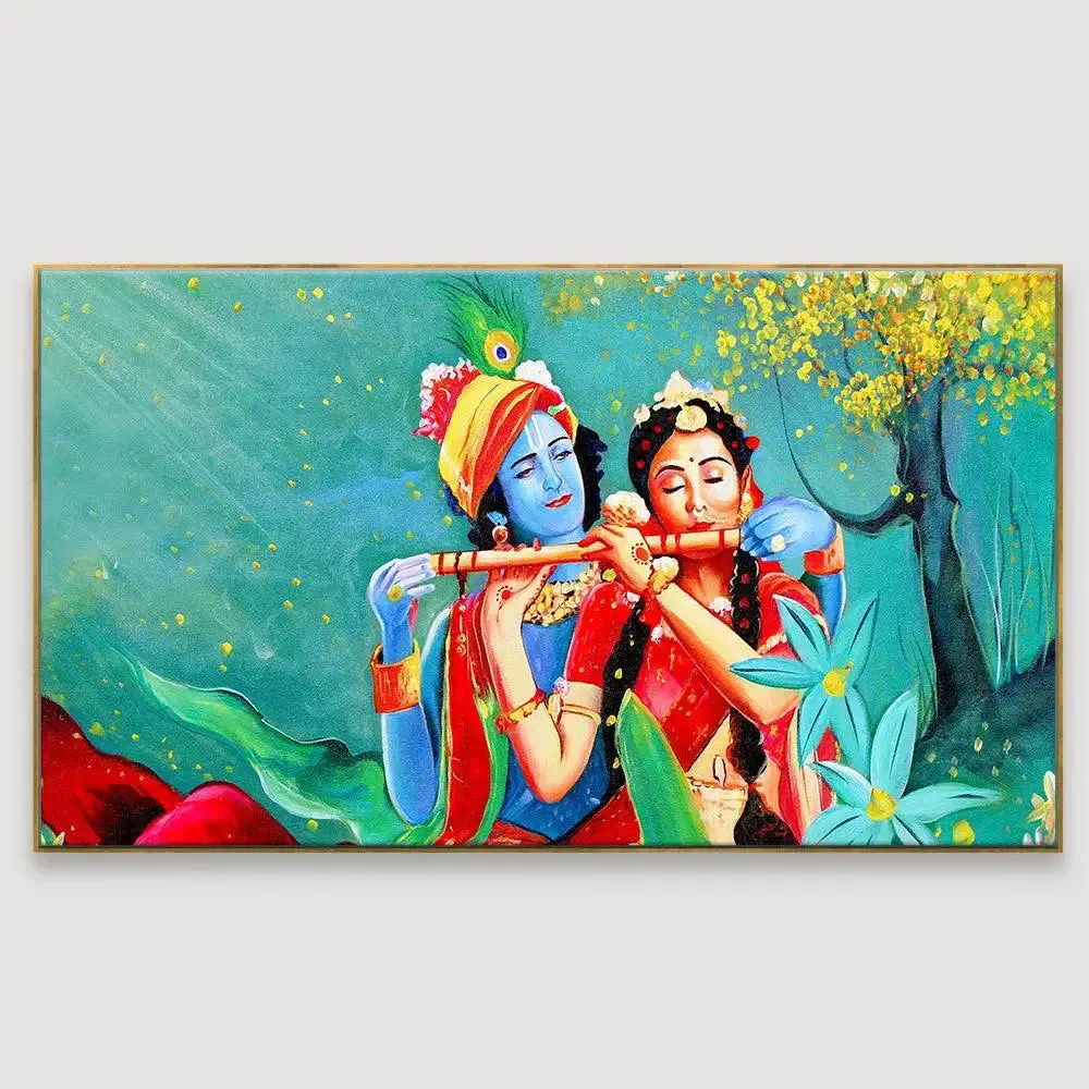 Radha Krishna With Flute in Garden Canvas Printed Painting With Frame