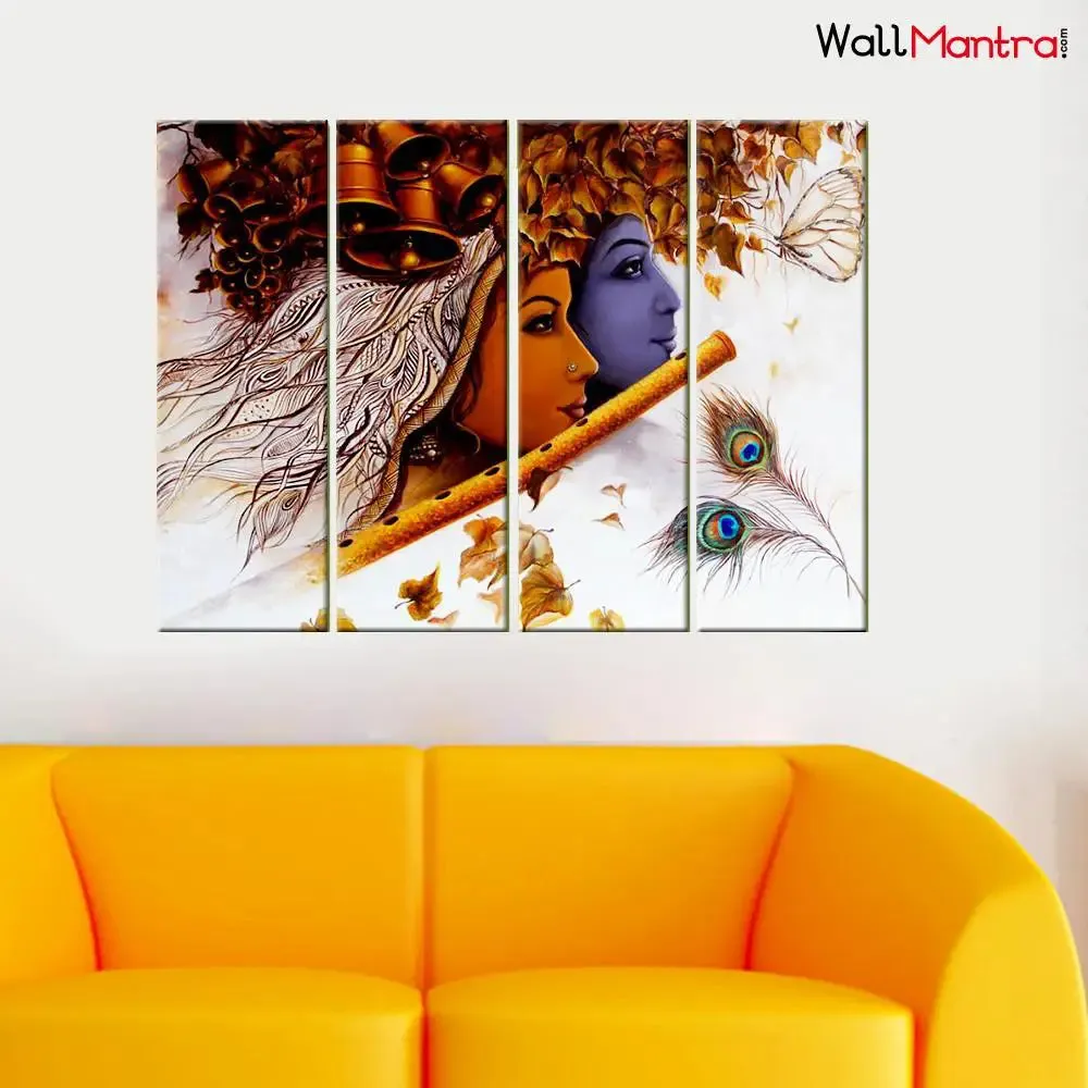 Radha Krishna With Flute Wall Painting Wooden Framed 4 Pieces