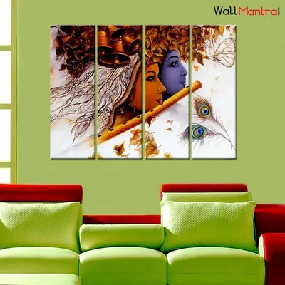 Radha Krishna With Flute Wall Painting Wooden Framed 4 Pieces