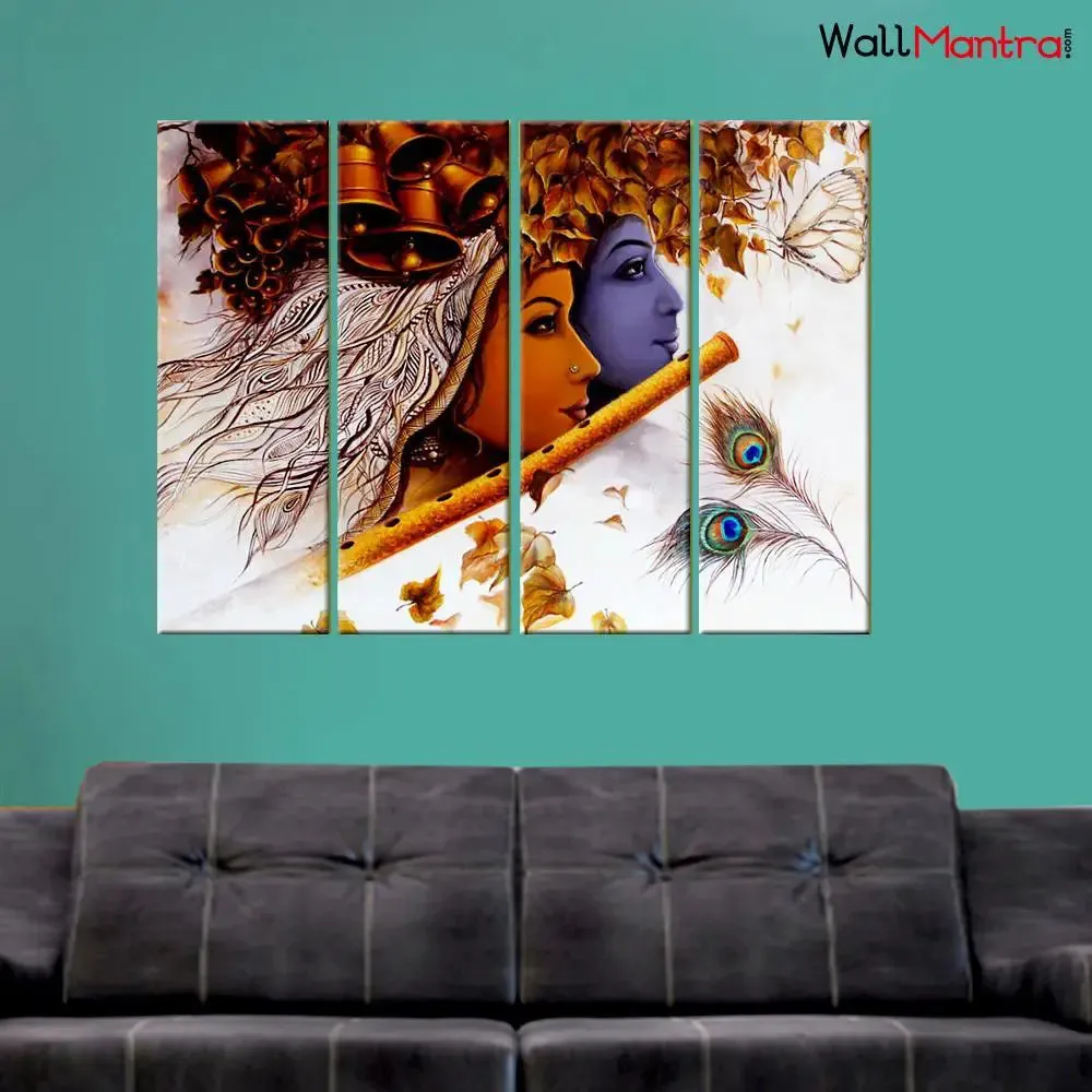 Radha Krishna With Flute Wall Painting Wooden Framed 4 Pieces