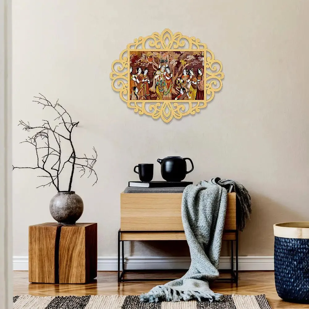 Radha Krishna With Gopis Canvas Print in Decorative Frame