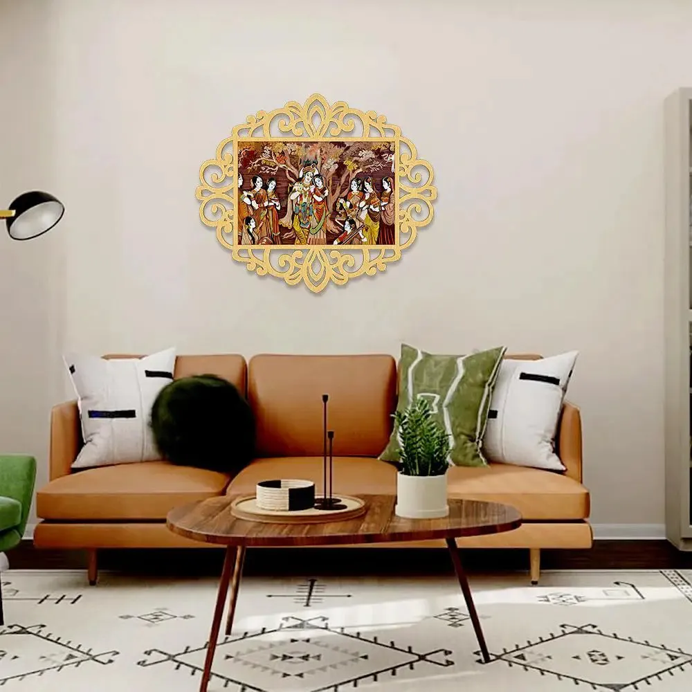 Radha Krishna With Gopis Canvas Print in Decorative Frame