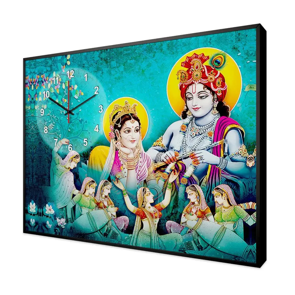 Radha Krishna With Gopis Canvas Printed Decorative Wall Clock With Floating Frame