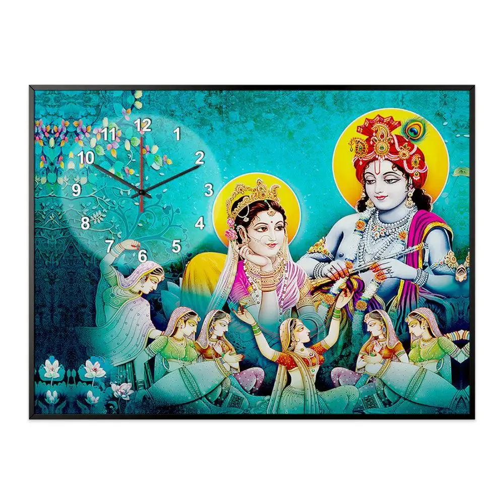 Radha Krishna With Gopis Canvas Printed Decorative Wall Clock With Floating Frame