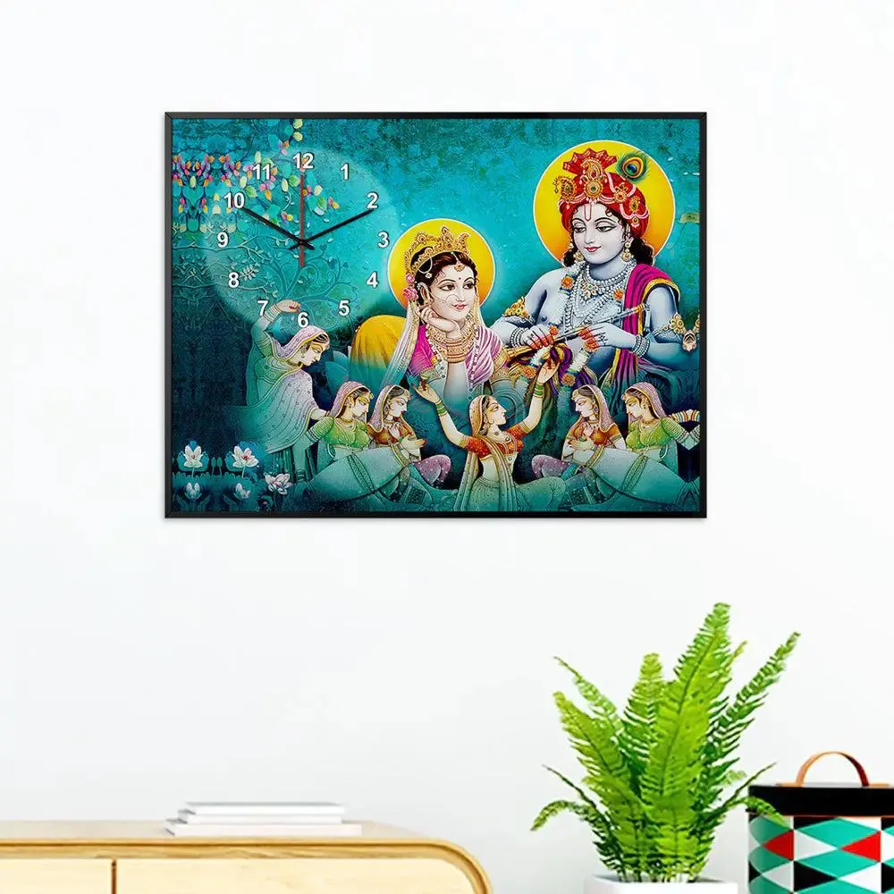 Radha Krishna With Gopis Canvas Printed Decorative Wall Clock With Floating Frame