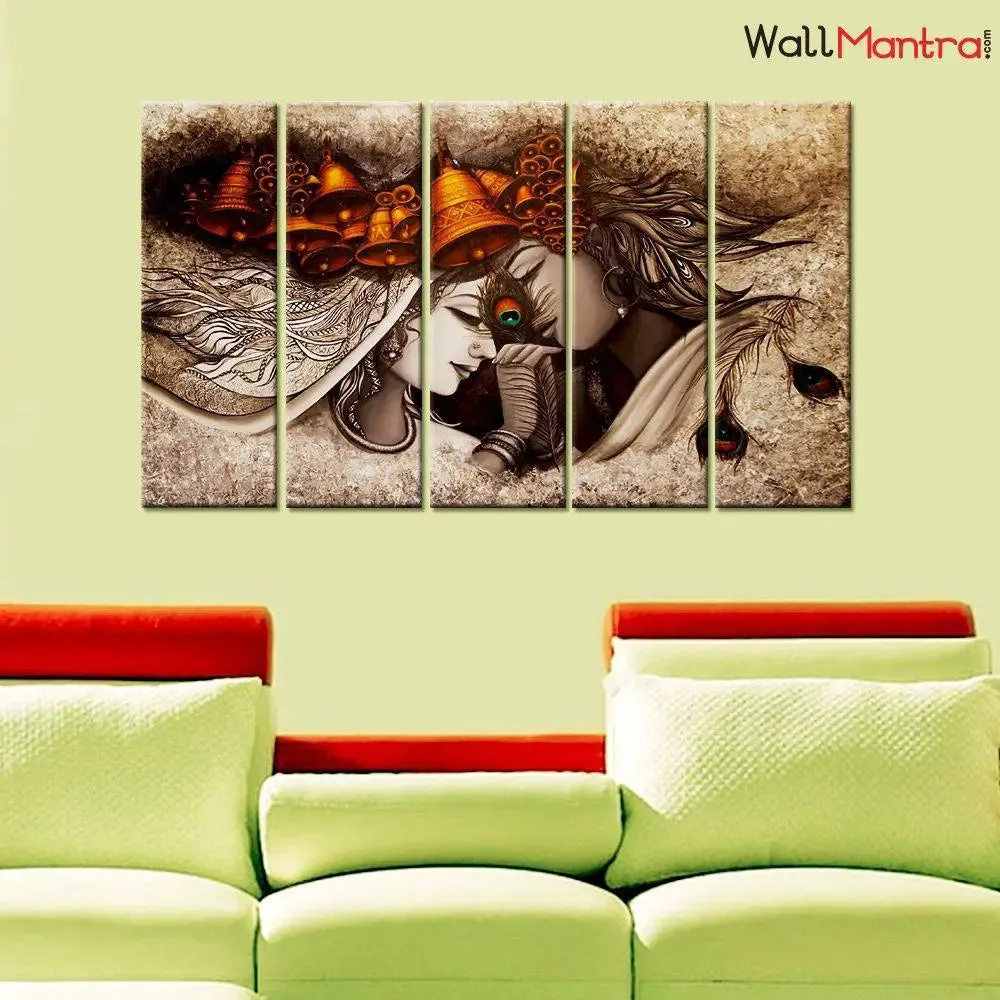 Radha Krishna Wooden Framed 5 Pieces Canvas Painting