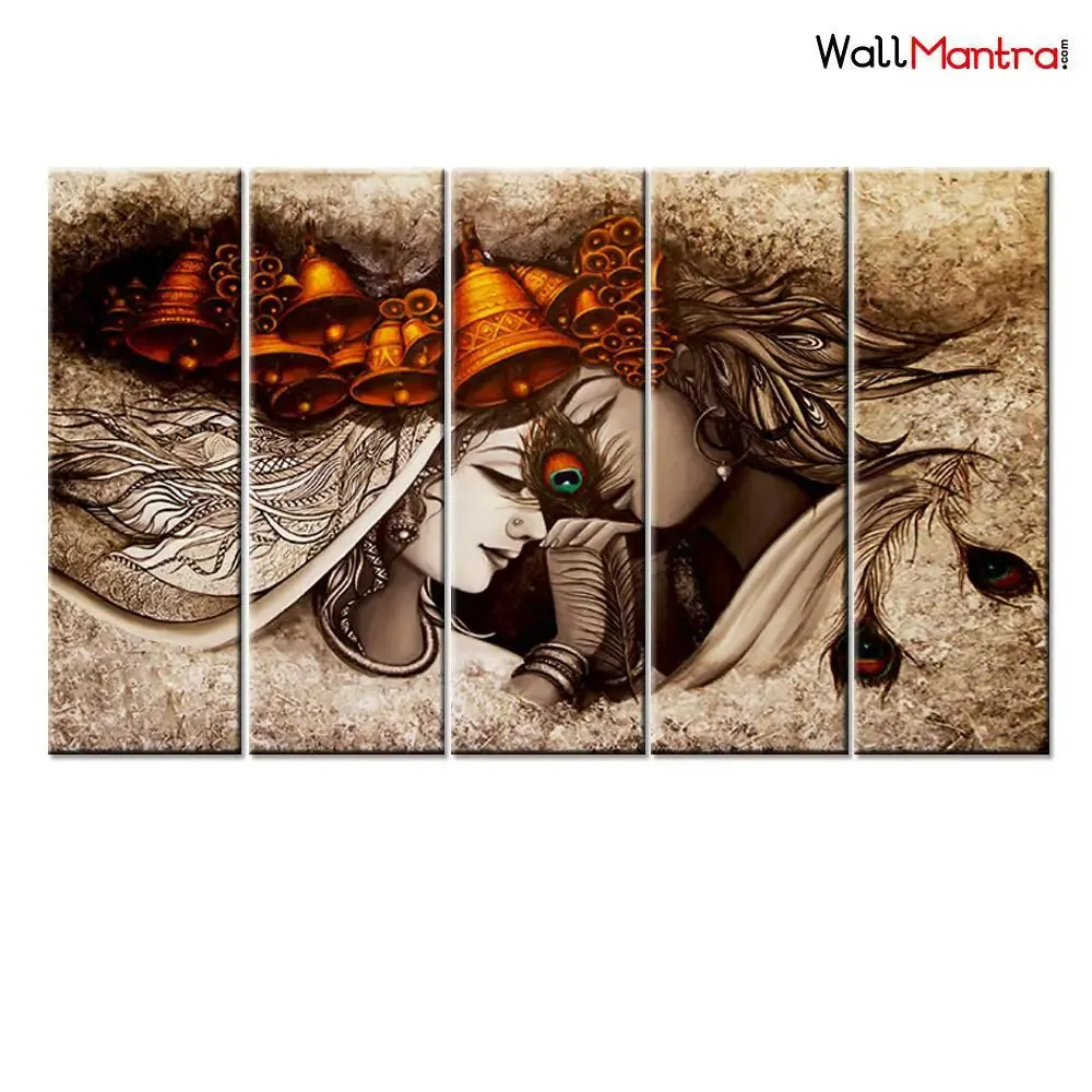 Radha Krishna Wooden Framed 5 Pieces Canvas Painting