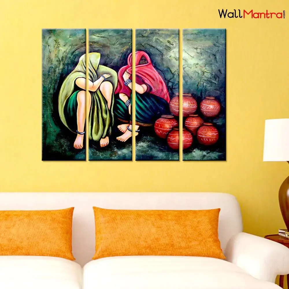 Rajasthani Folk Village women Canvas Printed Painting 4 Pieces Wall Painting with Wooden Framed