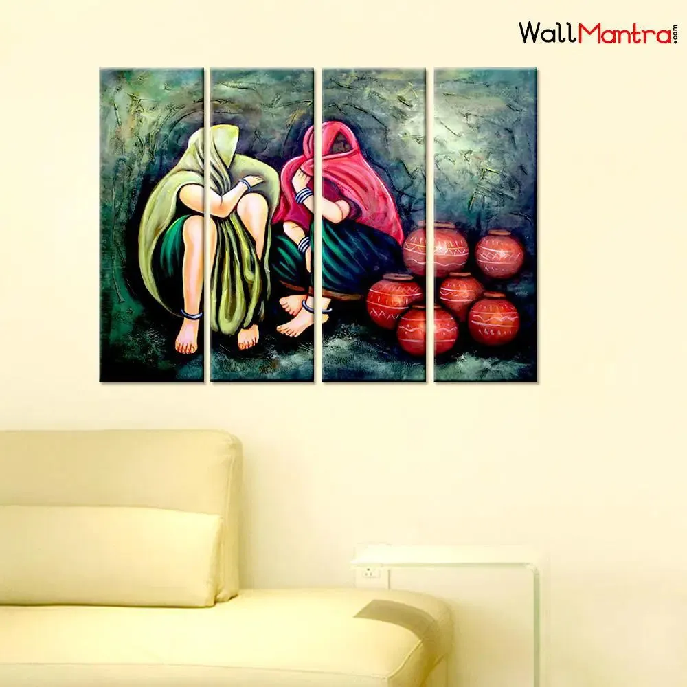Rajasthani Folk Village women Canvas Printed Painting 4 Pieces Wall Painting with Wooden Framed