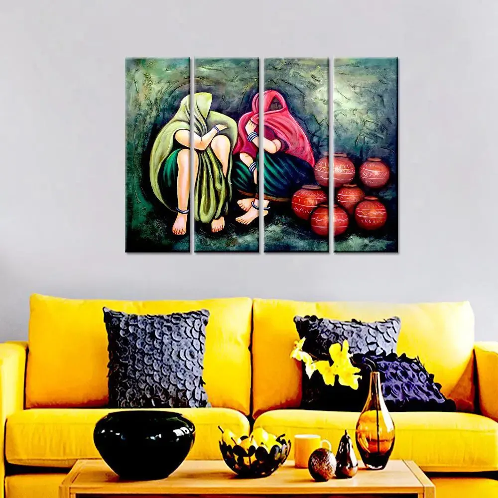 Rajasthani Folk Village women Canvas Printed Painting 4 Pieces Wall Painting with Wooden Framed