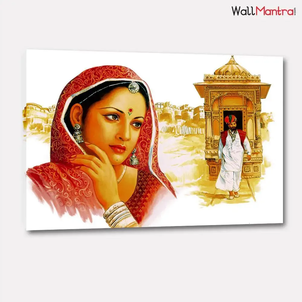 Rajasthani Lady with Village Background Painting / Canvas Printed Painting  Stretched on Wooden Bars