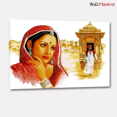 Rajasthani Lady with Village Background Painting / Canvas Printed Painting  Stretched on Wooden Bars