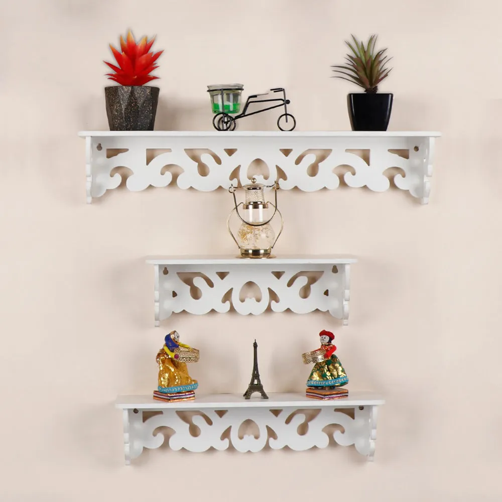 Raytrees White Wooden Carved Wall Mounted Shelf