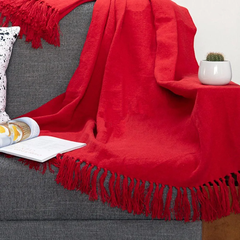 Real Red Self Fringed Linen Blanket Throw