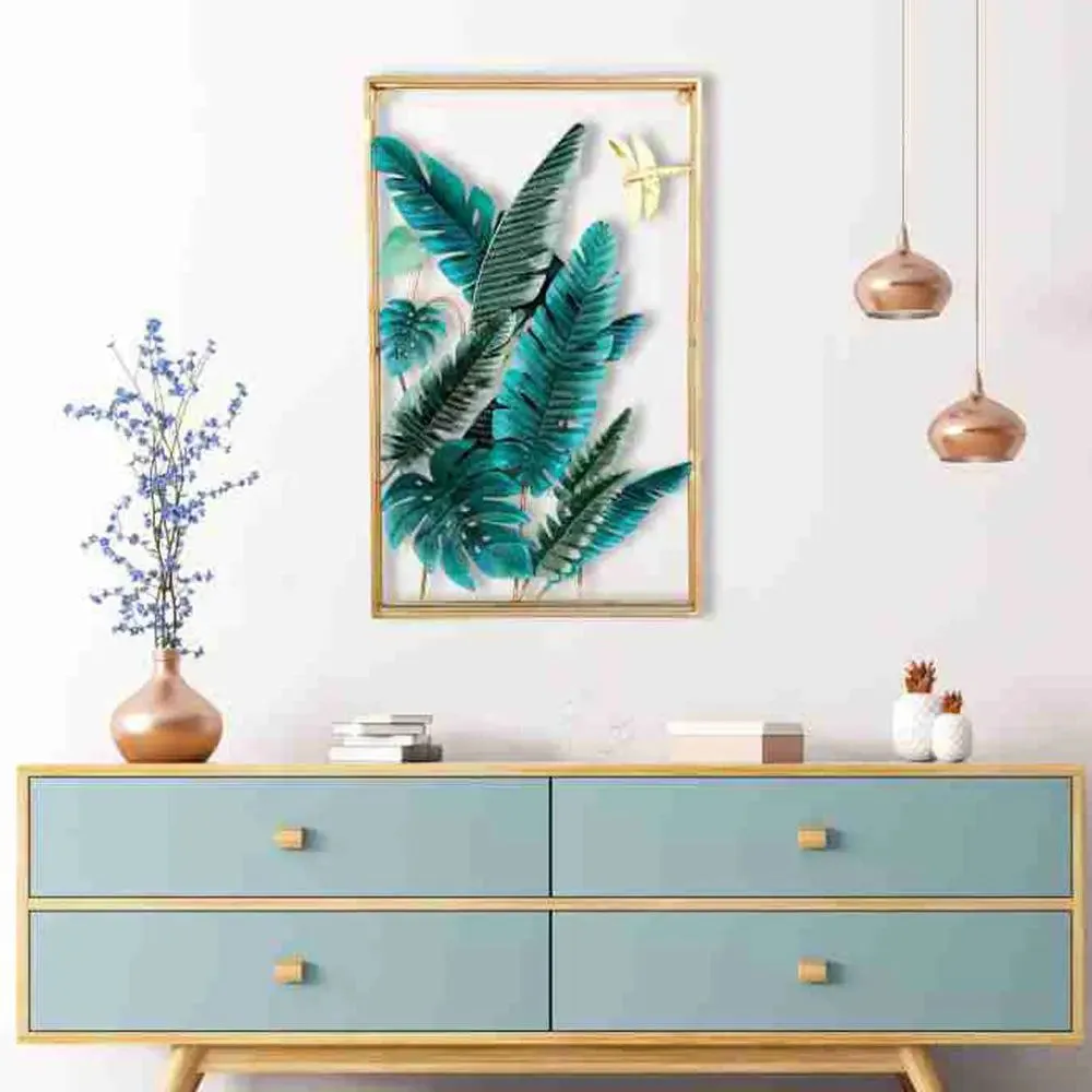 Rectangular Golden Frame Leaf-inspired Green Metal Wall Art