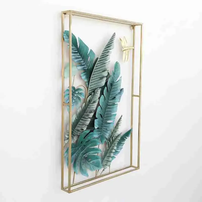 Rectangular Golden Frame Leaf-inspired Green Metal Wall Art