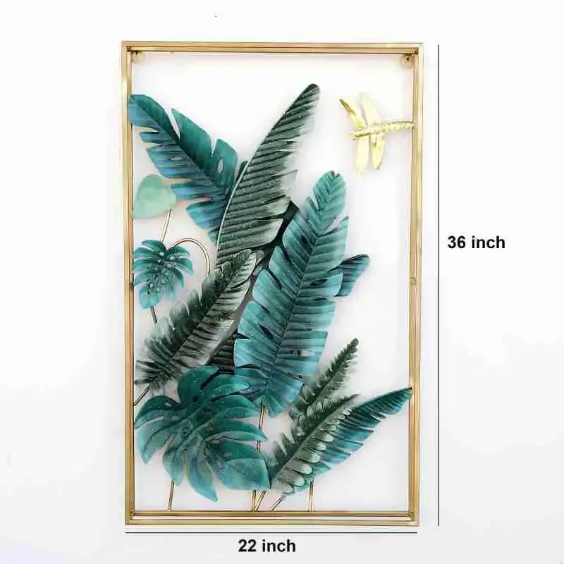 Rectangular Golden Frame Leaf-inspired Green Metal Wall Art