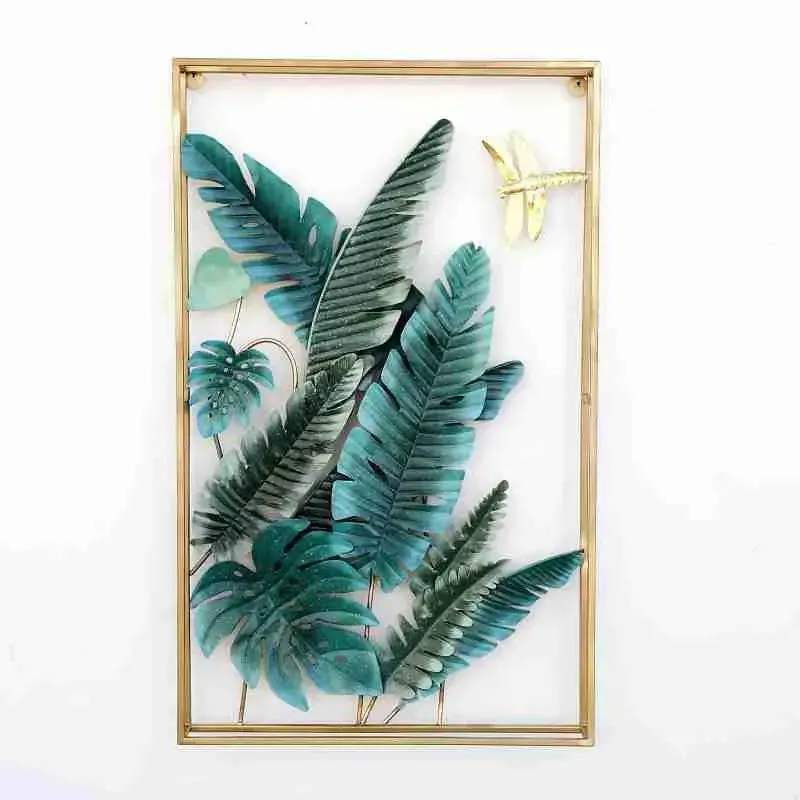 Rectangular Golden Frame Leaf-inspired Green Metal Wall Art