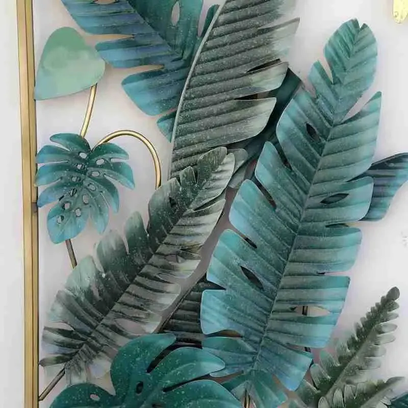 Rectangular Golden Frame Leaf-inspired Green Metal Wall Art
