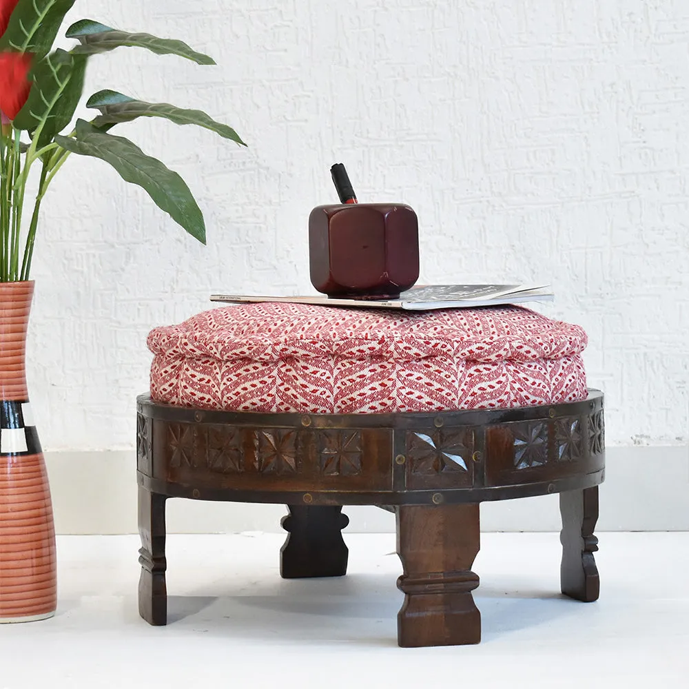 Red &amp; White Patterned Upholstered Carved Wooden Ottoman Single Piece