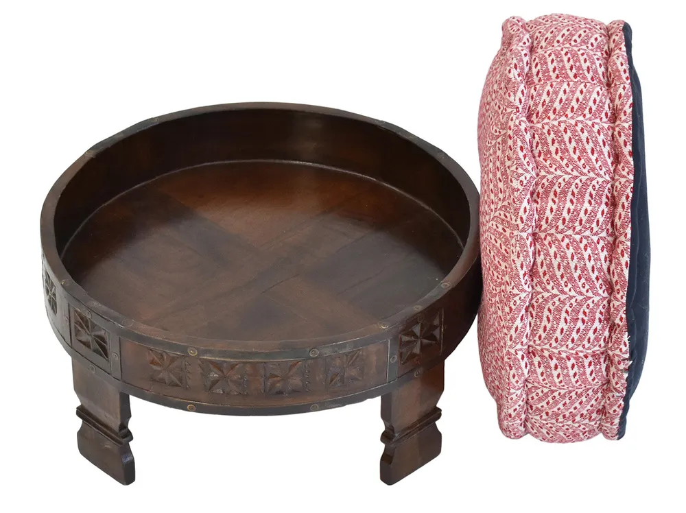 Red &amp; White Patterned Upholstered Carved Wooden Ottoman Single Piece