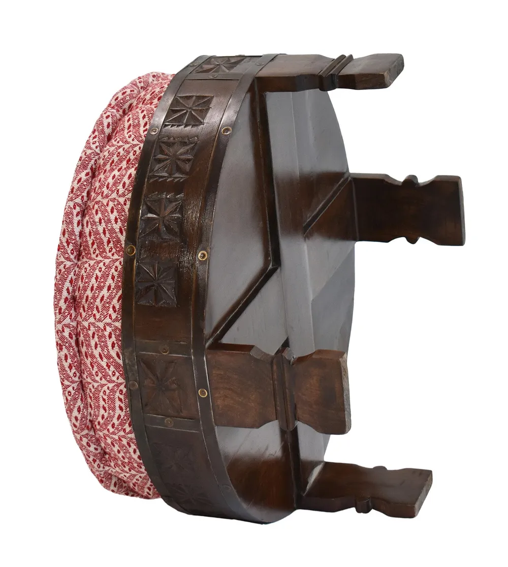 Red &amp; White Patterned Upholstered Carved Wooden Ottoman Single Piece